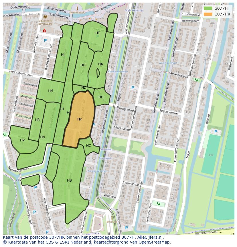 Afbeelding van het postcodegebied 3077 HK op de kaart.