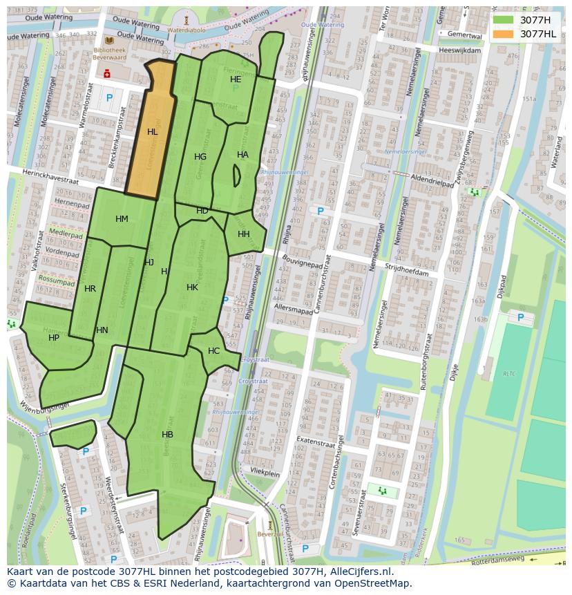 Afbeelding van het postcodegebied 3077 HL op de kaart.