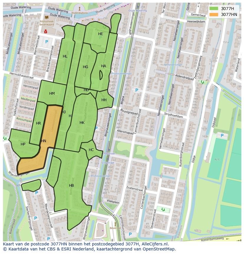 Afbeelding van het postcodegebied 3077 HN op de kaart.