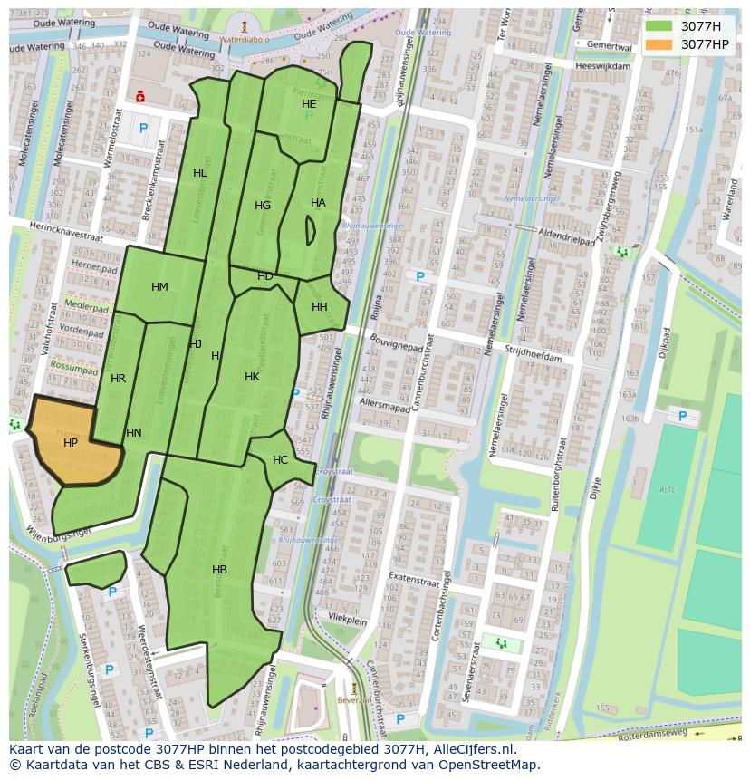Afbeelding van het postcodegebied 3077 HP op de kaart.