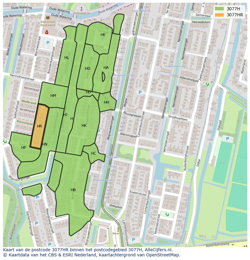 Afbeelding van het postcodegebied 3077 HR op de kaart.