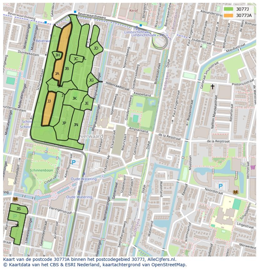 Afbeelding van het postcodegebied 3077 JA op de kaart.