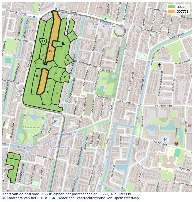 Afbeelding van het postcodegebied 3077 JB op de kaart.