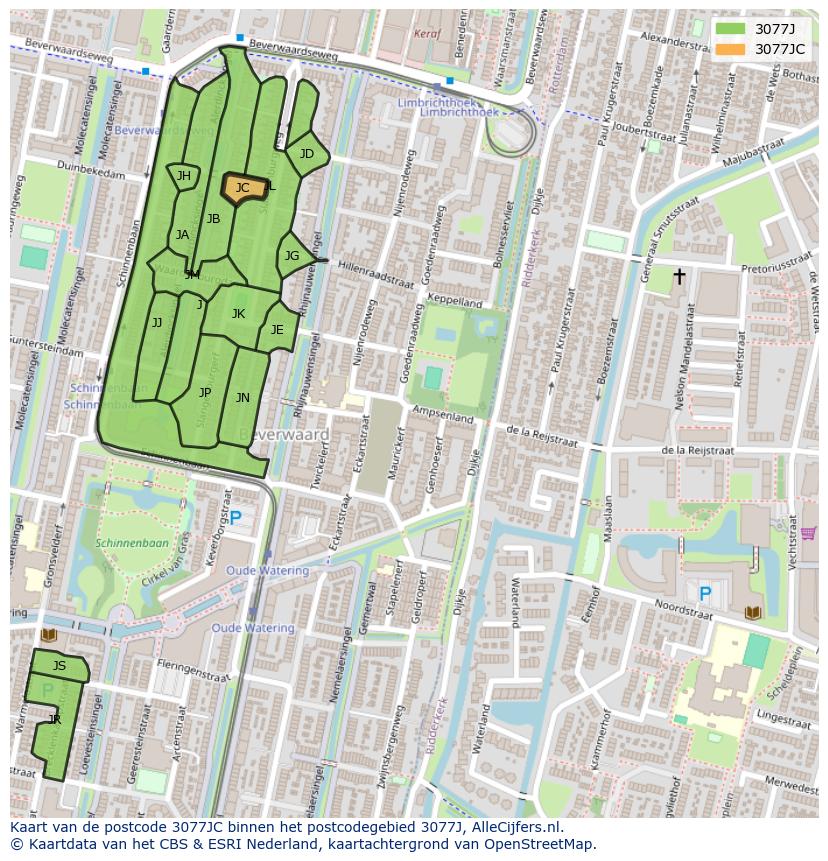 Afbeelding van het postcodegebied 3077 JC op de kaart.
