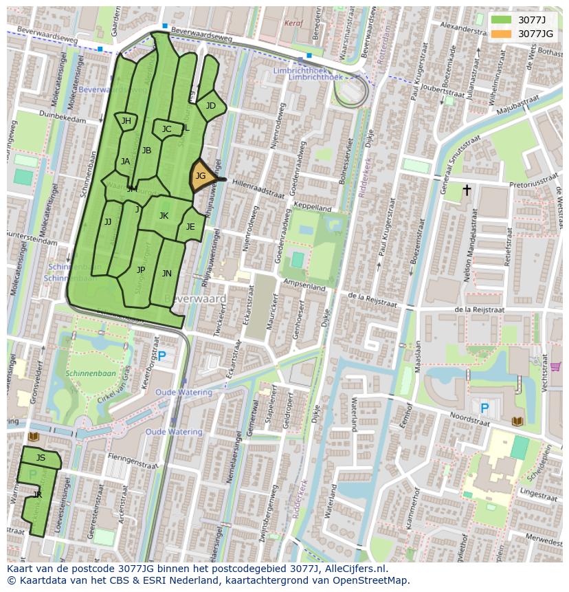 Afbeelding van het postcodegebied 3077 JG op de kaart.