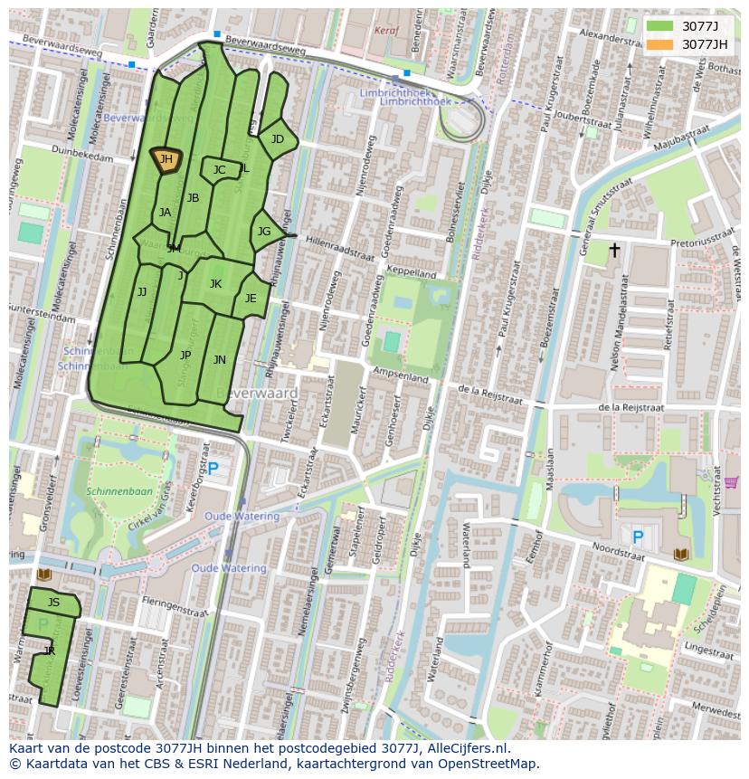 Afbeelding van het postcodegebied 3077 JH op de kaart.