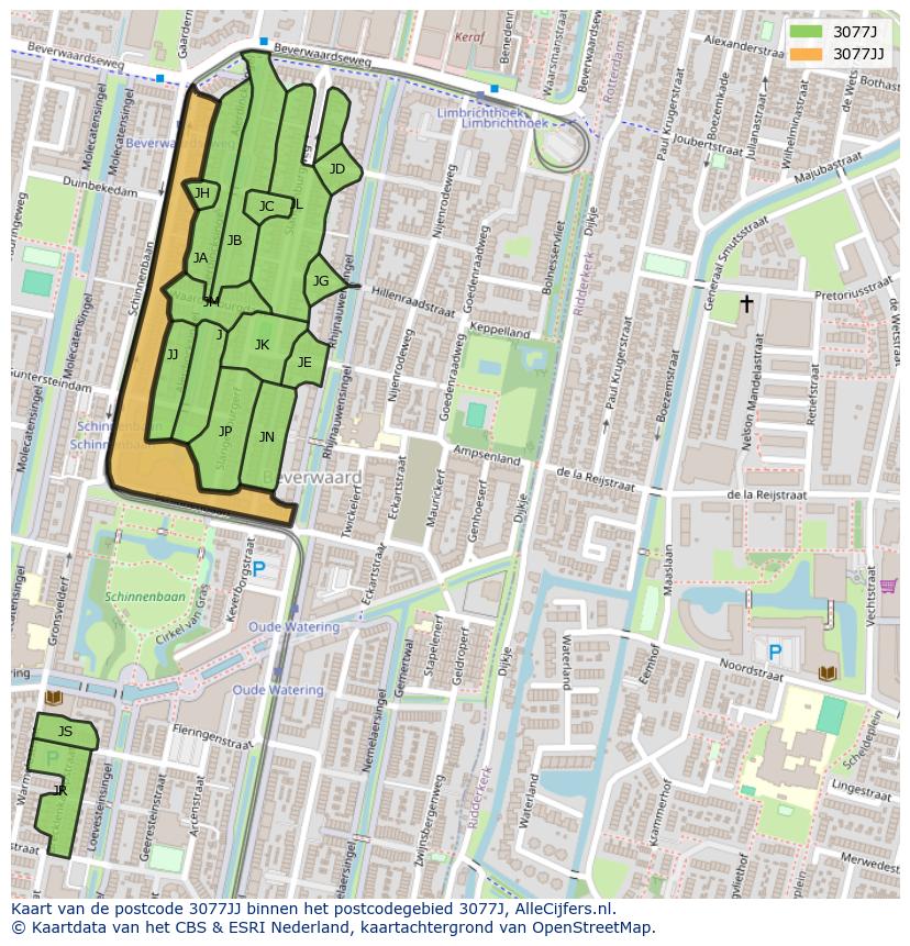 Afbeelding van het postcodegebied 3077 JJ op de kaart.