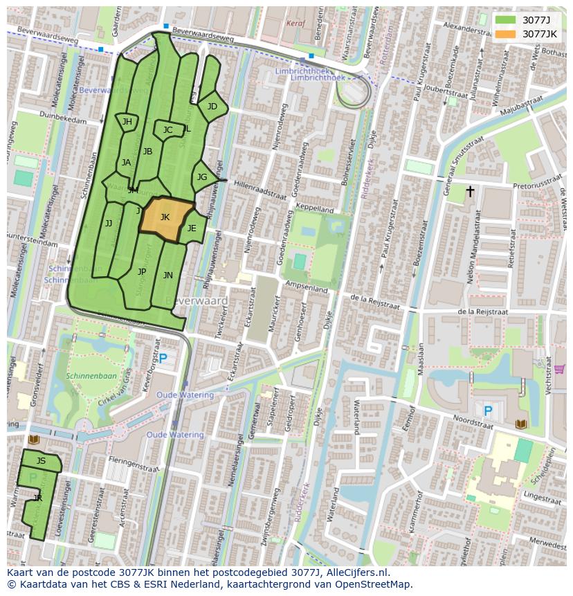Afbeelding van het postcodegebied 3077 JK op de kaart.