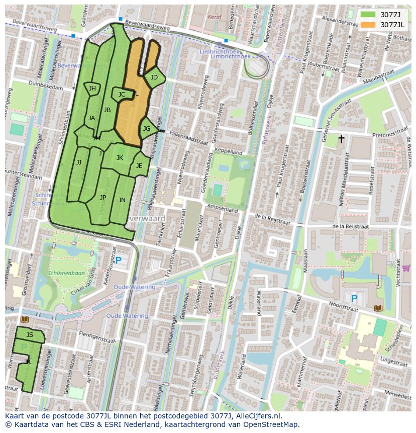 Afbeelding van het postcodegebied 3077 JL op de kaart.