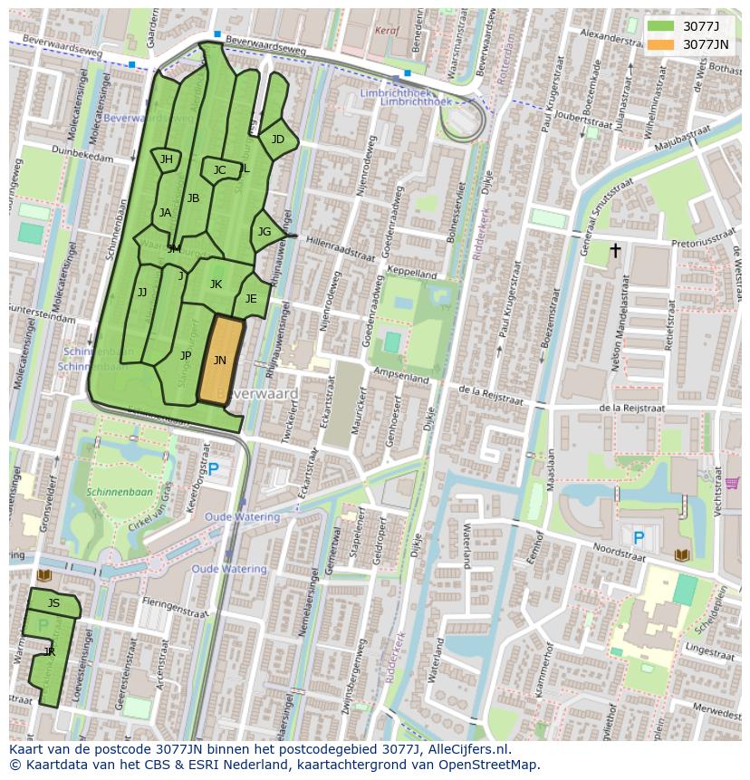 Afbeelding van het postcodegebied 3077 JN op de kaart.