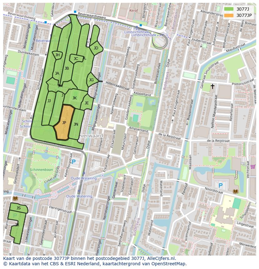 Afbeelding van het postcodegebied 3077 JP op de kaart.