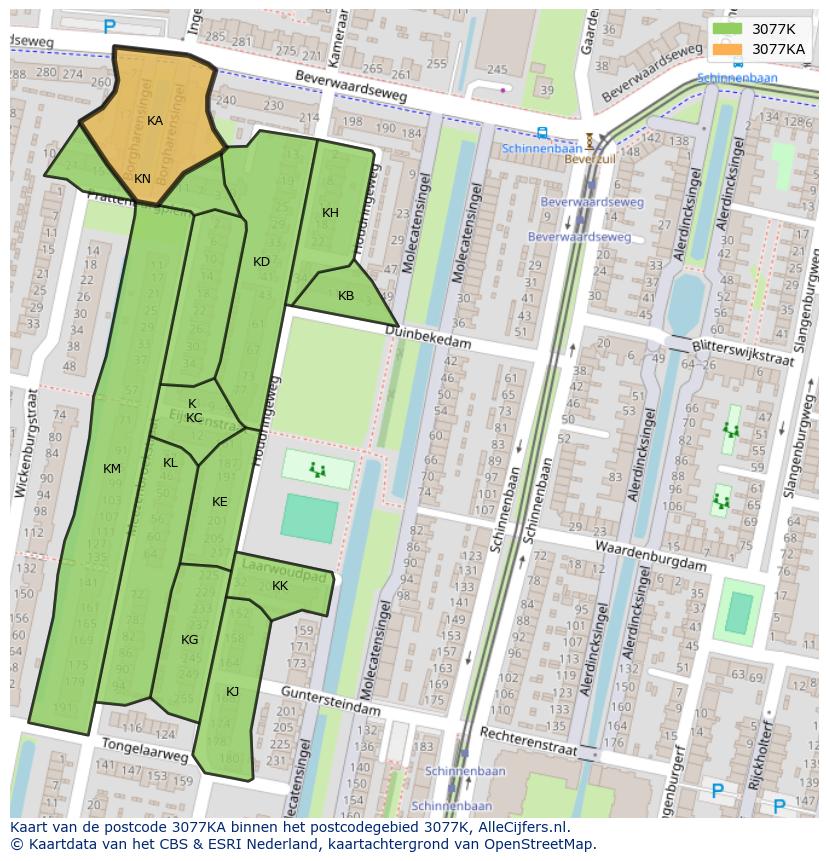 Afbeelding van het postcodegebied 3077 KA op de kaart.