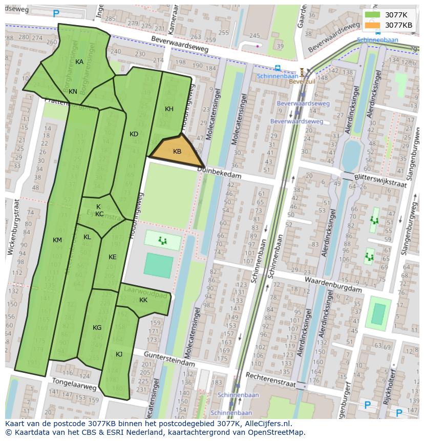 Afbeelding van het postcodegebied 3077 KB op de kaart.