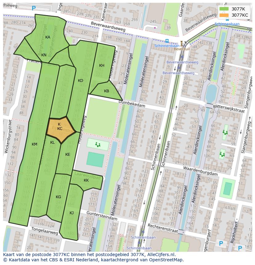 Afbeelding van het postcodegebied 3077 KC op de kaart.