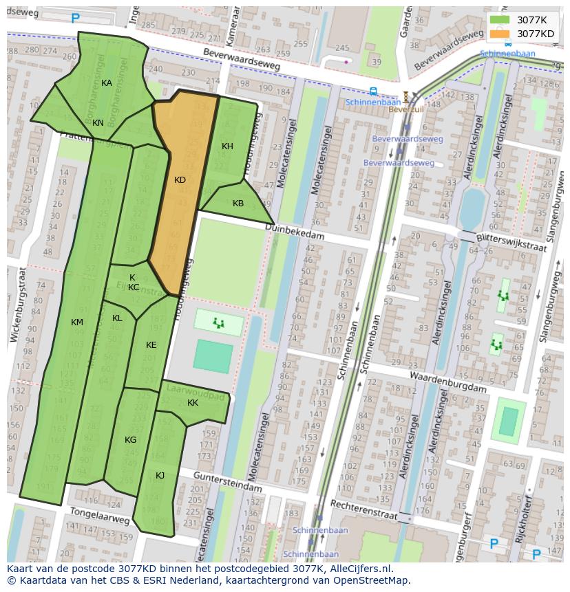 Afbeelding van het postcodegebied 3077 KD op de kaart.