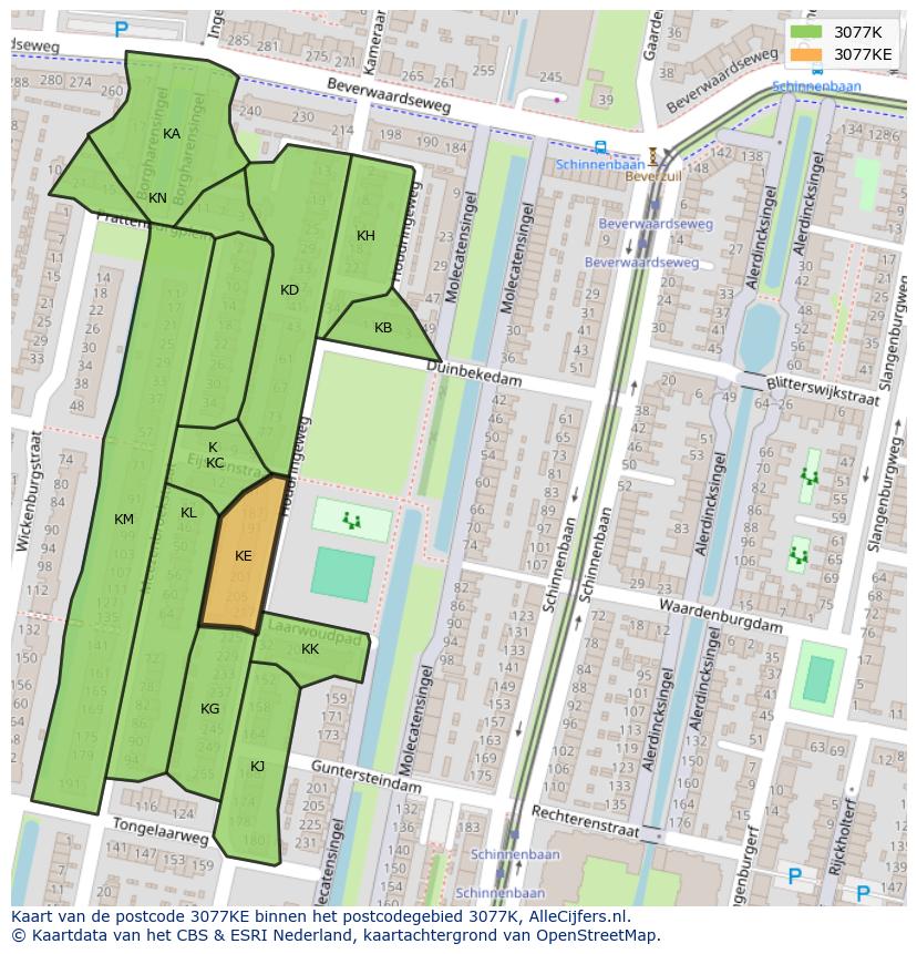 Afbeelding van het postcodegebied 3077 KE op de kaart.