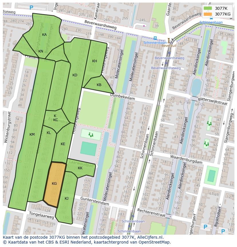 Afbeelding van het postcodegebied 3077 KG op de kaart.