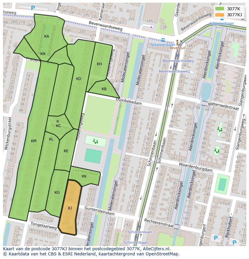 Afbeelding van het postcodegebied 3077 KJ op de kaart.
