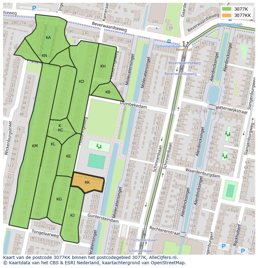 Afbeelding van het postcodegebied 3077 KK op de kaart.