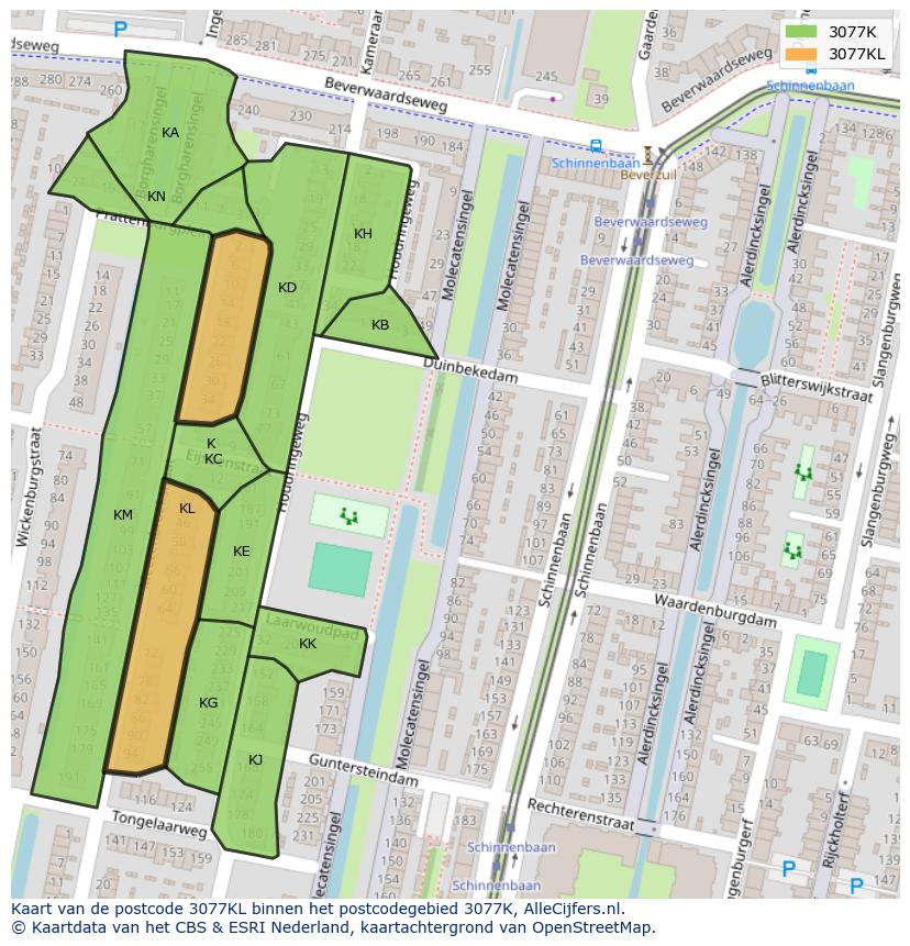 Afbeelding van het postcodegebied 3077 KL op de kaart.