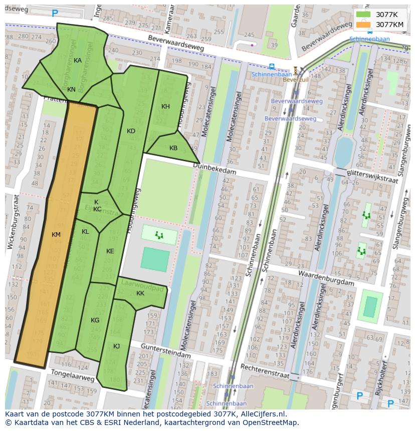 Afbeelding van het postcodegebied 3077 KM op de kaart.