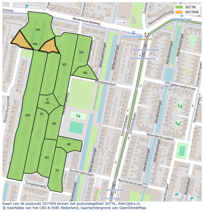 Afbeelding van het postcodegebied 3077 KN op de kaart.