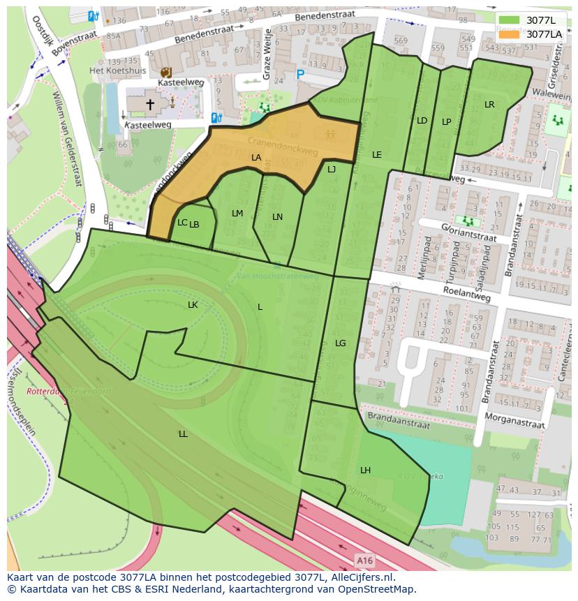 Afbeelding van het postcodegebied 3077 LA op de kaart.