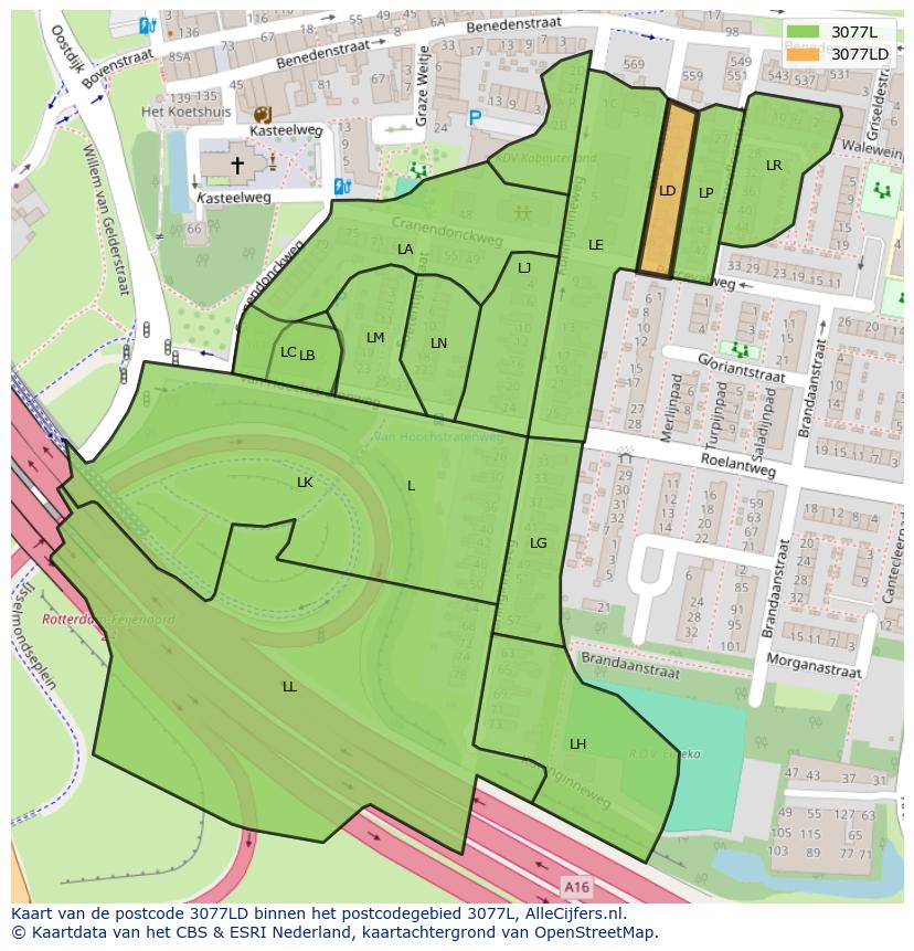 Afbeelding van het postcodegebied 3077 LD op de kaart.