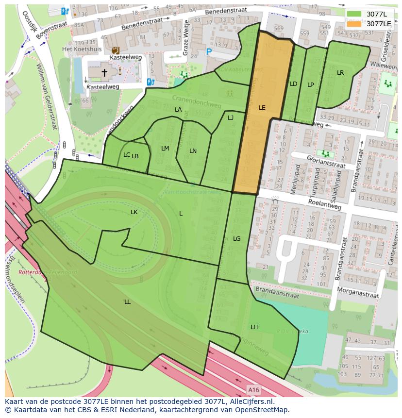 Afbeelding van het postcodegebied 3077 LE op de kaart.