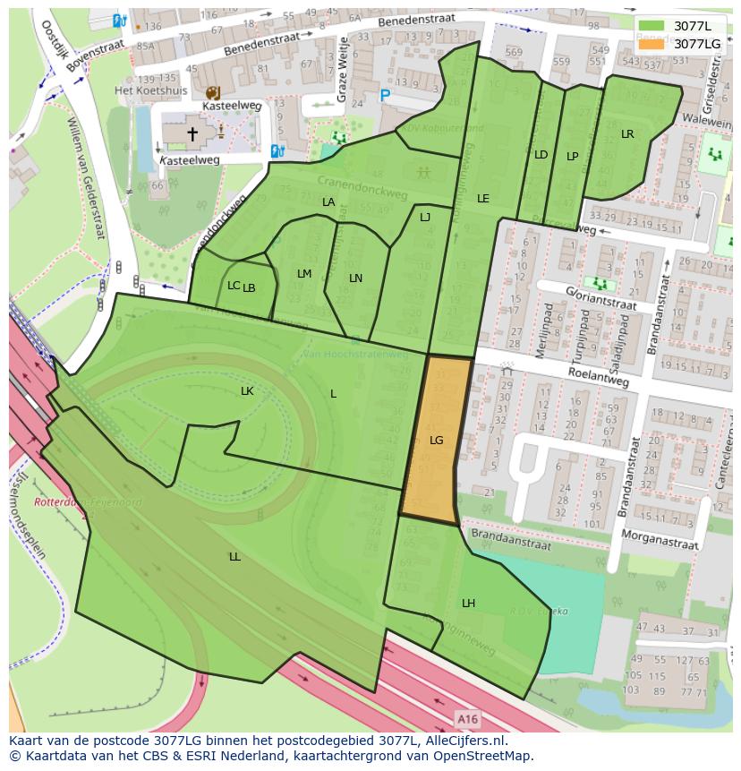 Afbeelding van het postcodegebied 3077 LG op de kaart.
