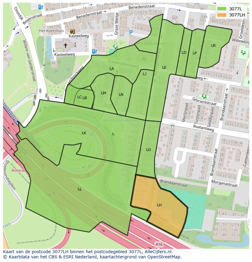 Afbeelding van het postcodegebied 3077 LH op de kaart.