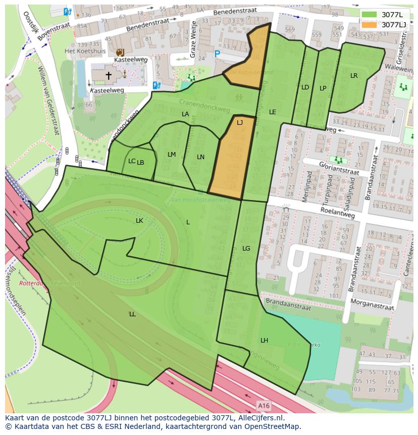Afbeelding van het postcodegebied 3077 LJ op de kaart.