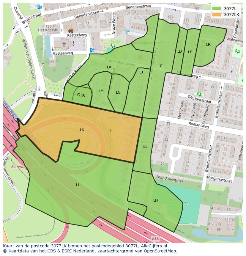 Afbeelding van het postcodegebied 3077 LK op de kaart.