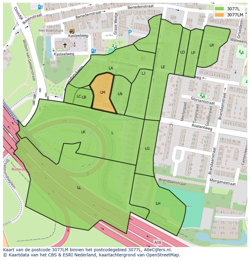 Afbeelding van het postcodegebied 3077 LM op de kaart.