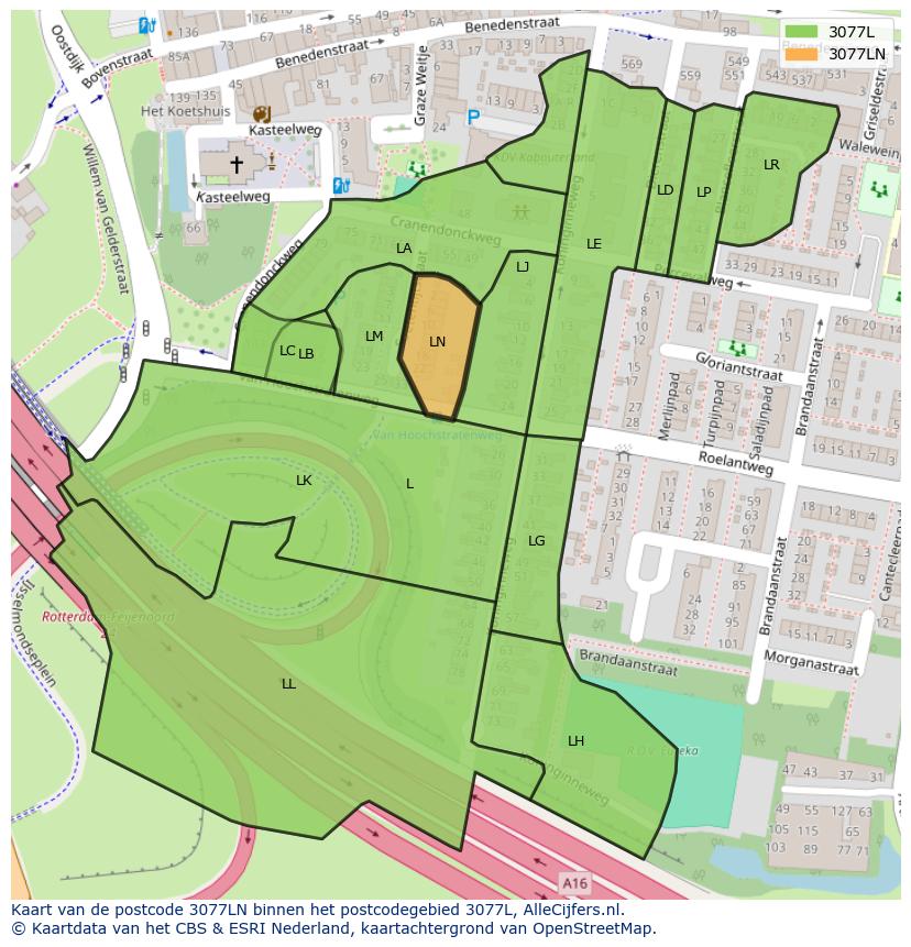 Afbeelding van het postcodegebied 3077 LN op de kaart.
