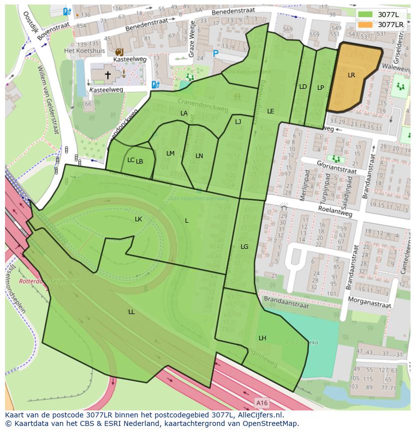 Afbeelding van het postcodegebied 3077 LR op de kaart.