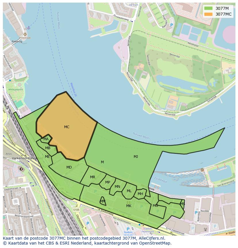 Afbeelding van het postcodegebied 3077 MC op de kaart.