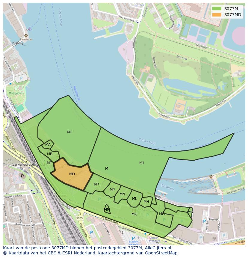Afbeelding van het postcodegebied 3077 MD op de kaart.