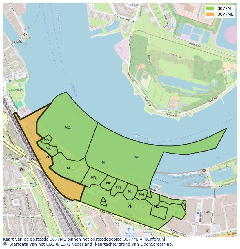 Afbeelding van het postcodegebied 3077 ME op de kaart.