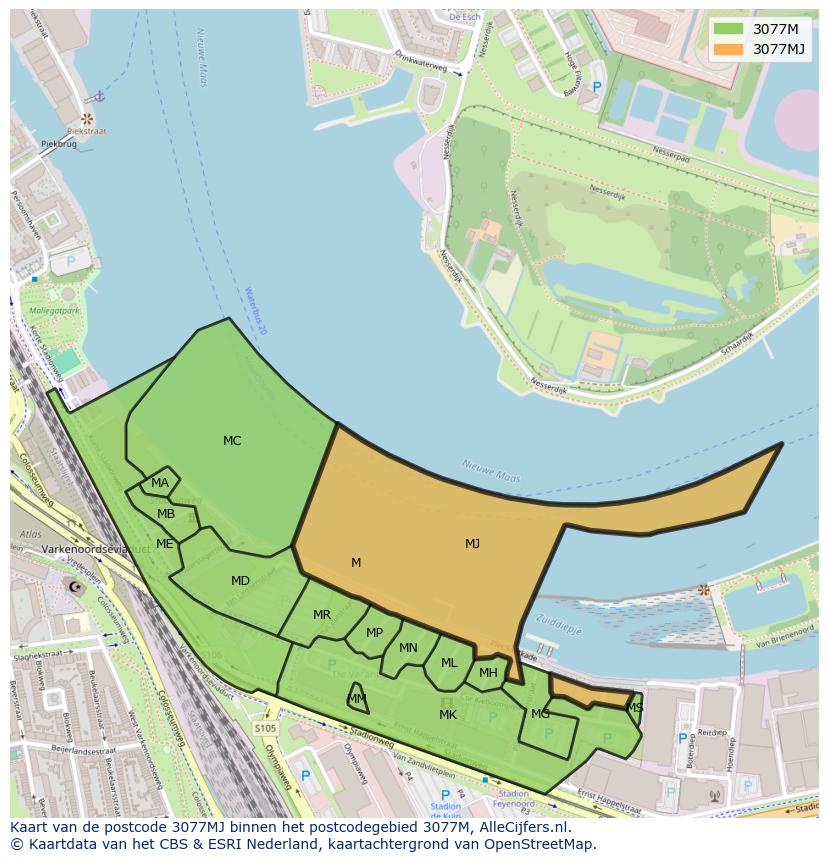 Afbeelding van het postcodegebied 3077 MJ op de kaart.
