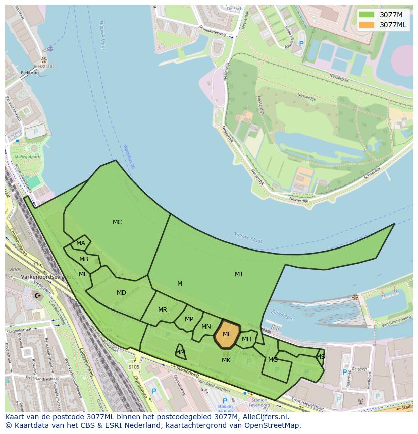 Afbeelding van het postcodegebied 3077 ML op de kaart.