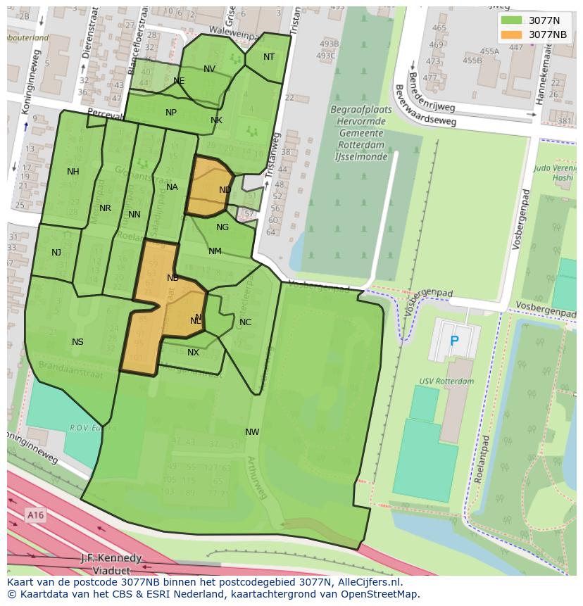 Afbeelding van het postcodegebied 3077 NB op de kaart.