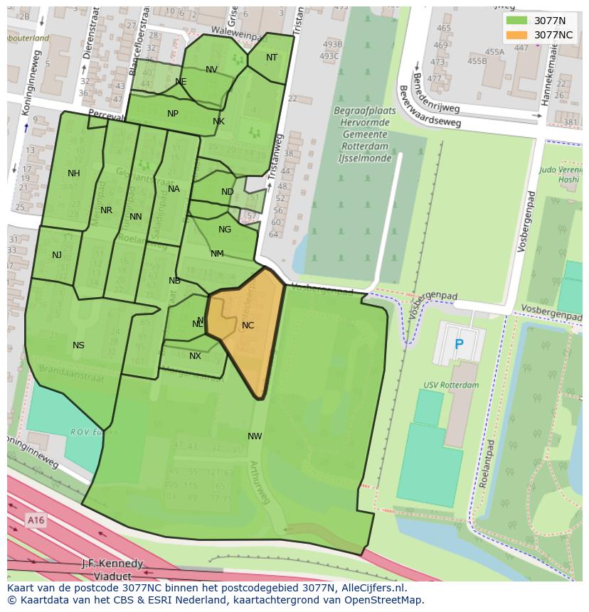 Afbeelding van het postcodegebied 3077 NC op de kaart.