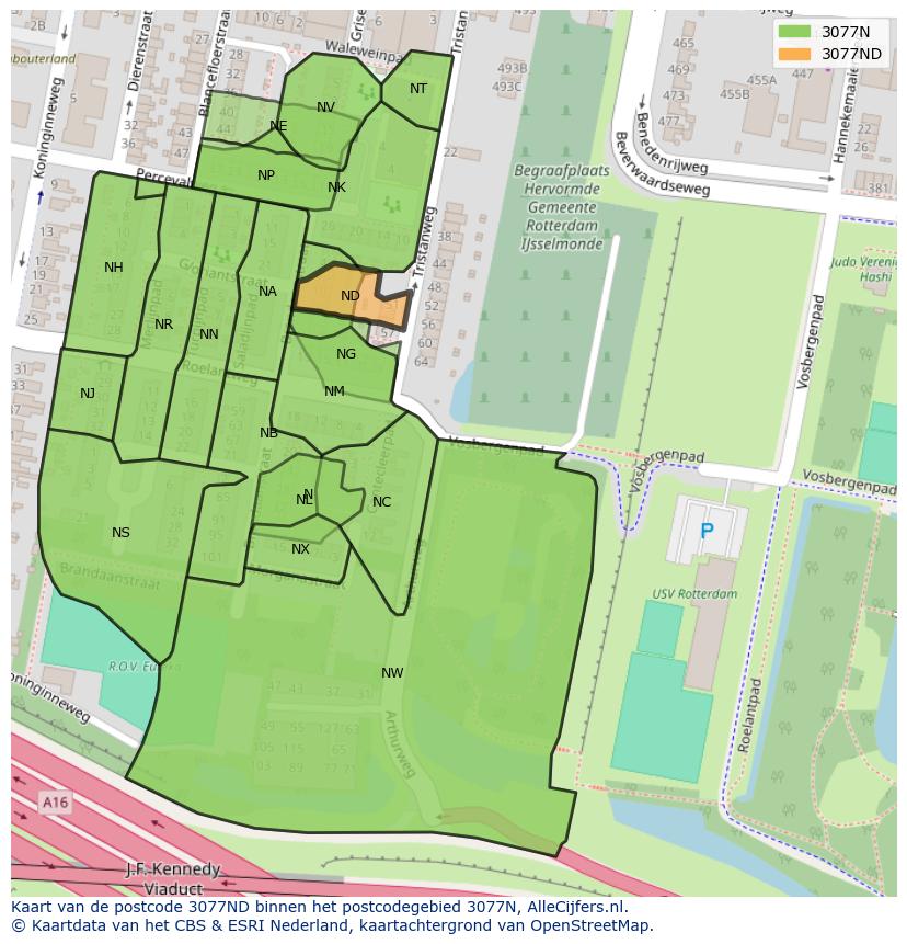 Afbeelding van het postcodegebied 3077 ND op de kaart.
