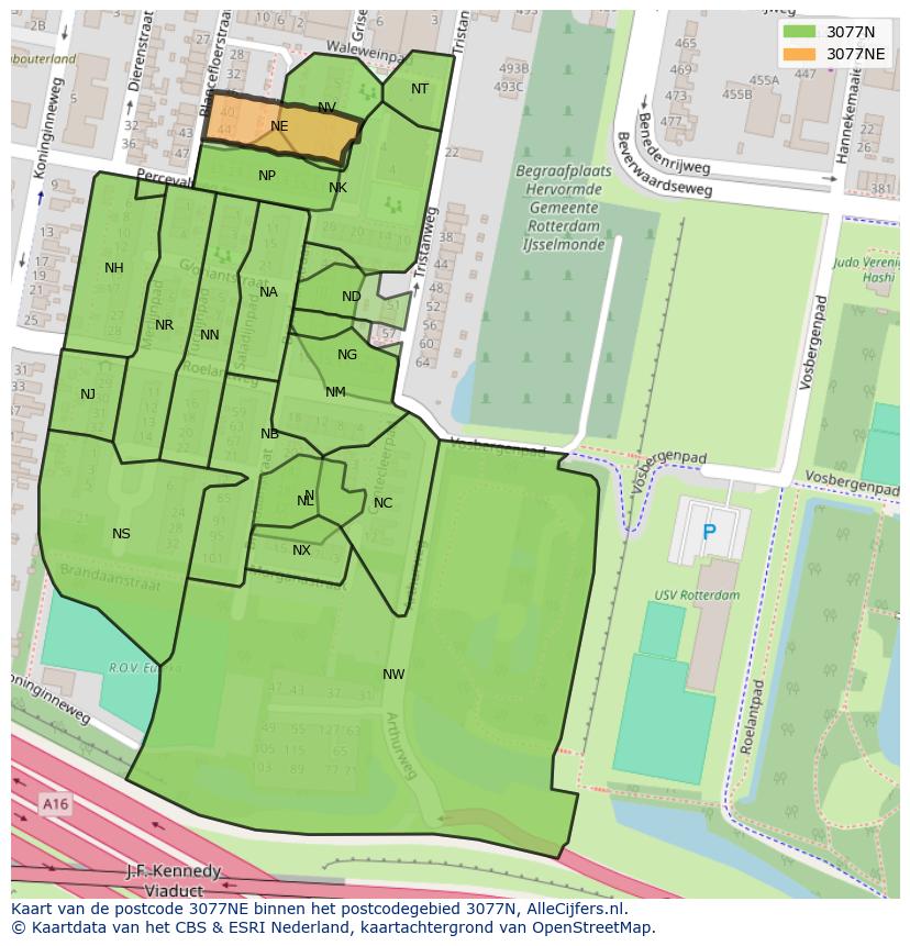 Afbeelding van het postcodegebied 3077 NE op de kaart.