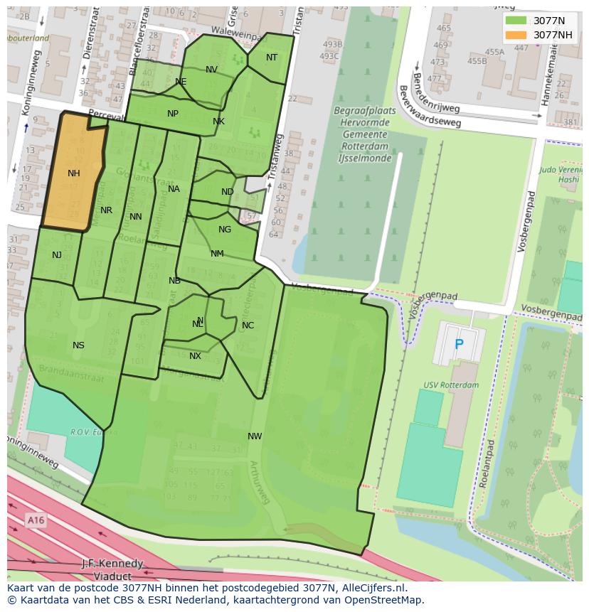 Afbeelding van het postcodegebied 3077 NH op de kaart.