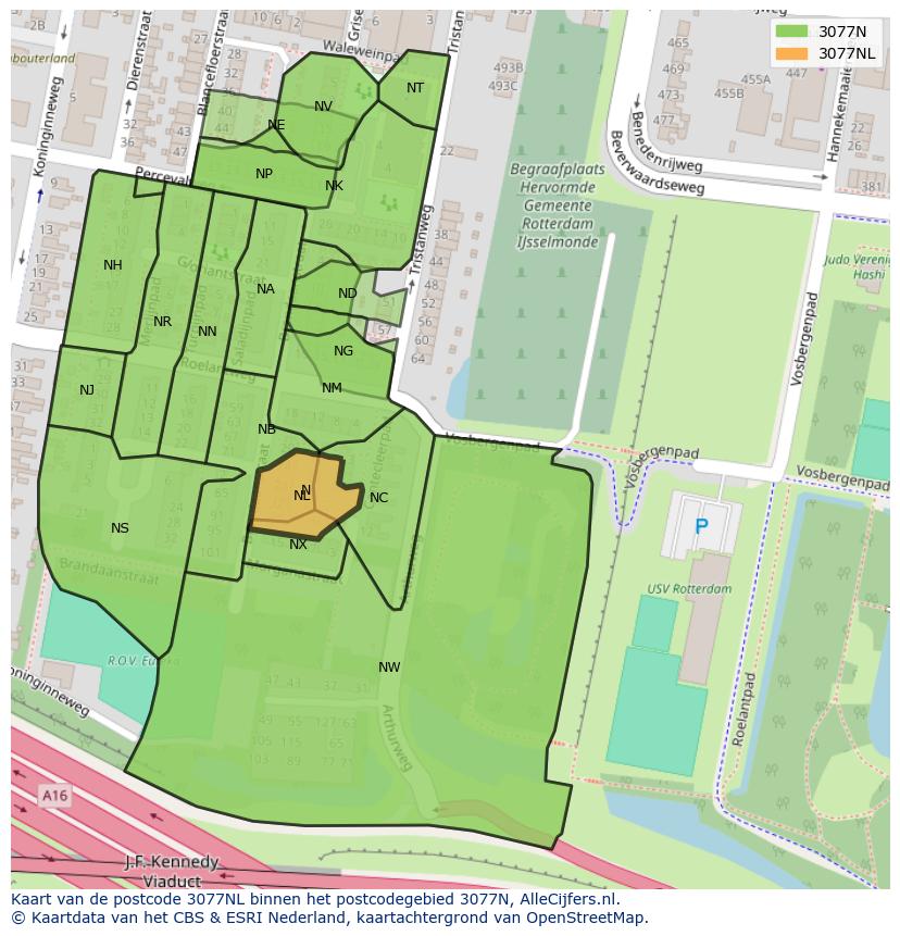 Afbeelding van het postcodegebied 3077 NL op de kaart.