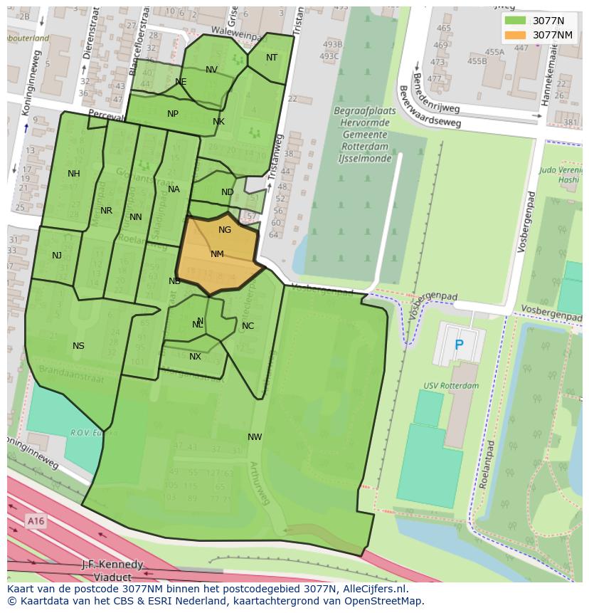 Afbeelding van het postcodegebied 3077 NM op de kaart.