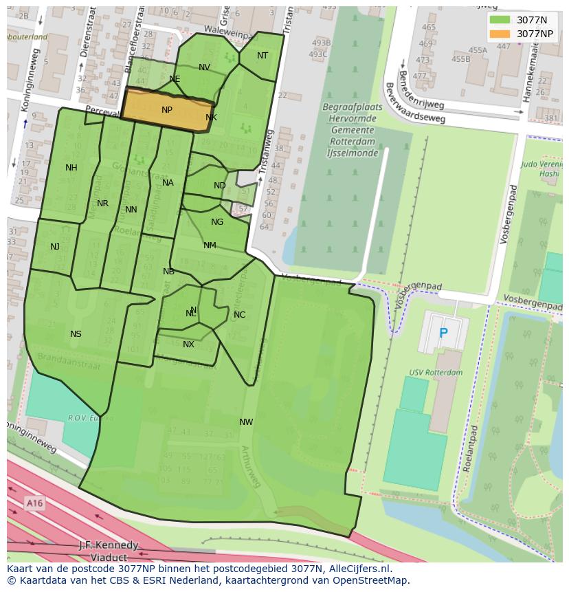 Afbeelding van het postcodegebied 3077 NP op de kaart.