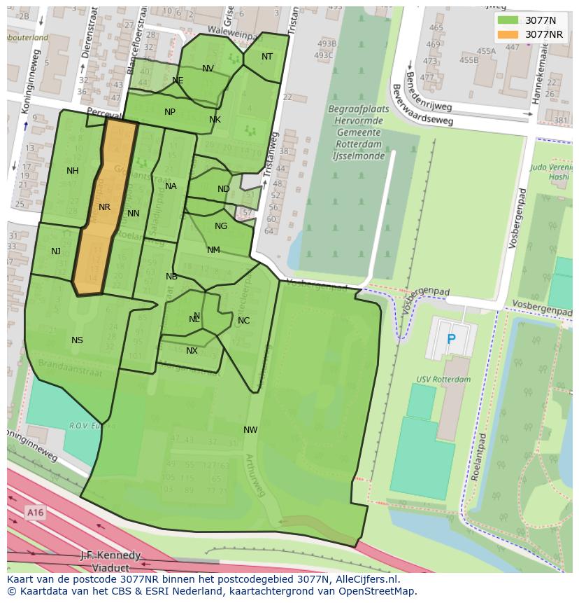 Afbeelding van het postcodegebied 3077 NR op de kaart.
